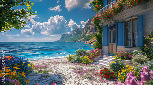 Coastal cottage with a flower-filled garden overlooking a scenic beach and rocky mountains under a bright blue sky.