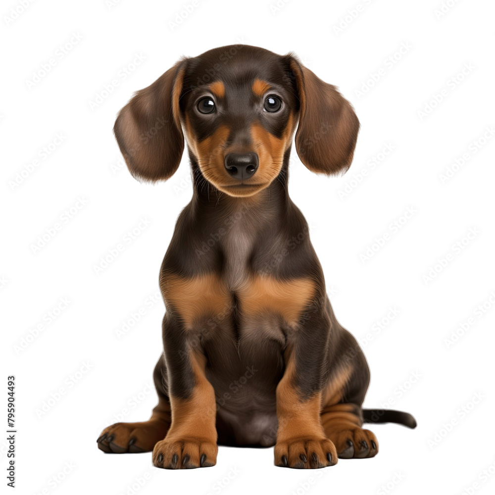 dachshund puppy sits in front view and looks away and up isolated on white background