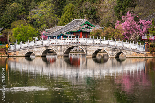 A bridge in the Black Dragon Pool in Lijiang old town of Yunnan, China. This is considered one of the more scenic views of Jade Dragon Snow Mountain.