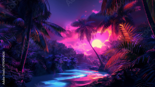 Sunset on the beach with neon color style look, Illustration. 