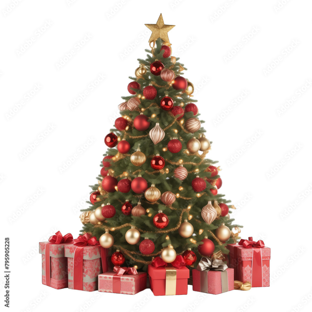 decorated christmas tree with gifts on white background