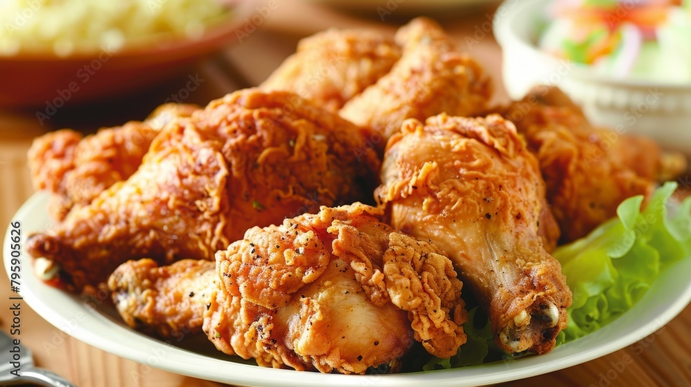 Plate of fried chicken and salad on table Plate of fried chicken and salad on table