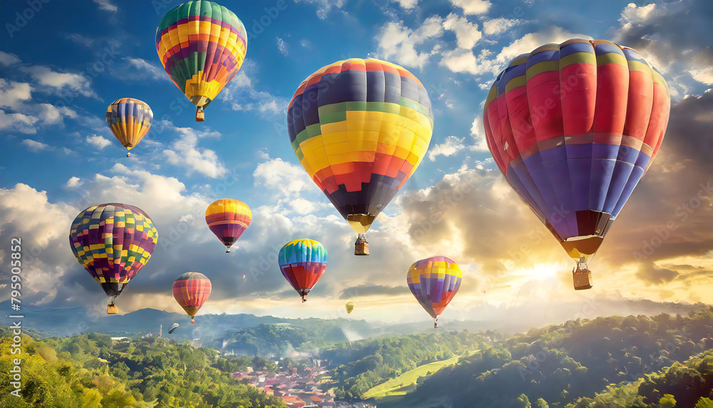 Obraz premium Multiple colorful hot air balloons spread out over the grassland. The sky and hot air balloons. A hot air balloon with a spectacular view.