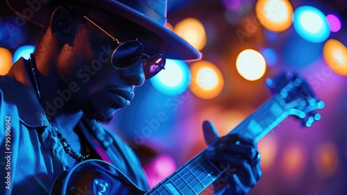 Musician playing guitar on stage with colorful lights