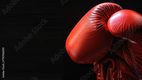 Red boxing gloves hanging against dark background with horizontal lines © Artyom
