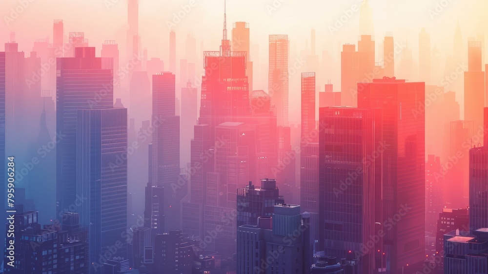 Fototapeta premium Skyscrapers bathed in pink and orange hues during sunset