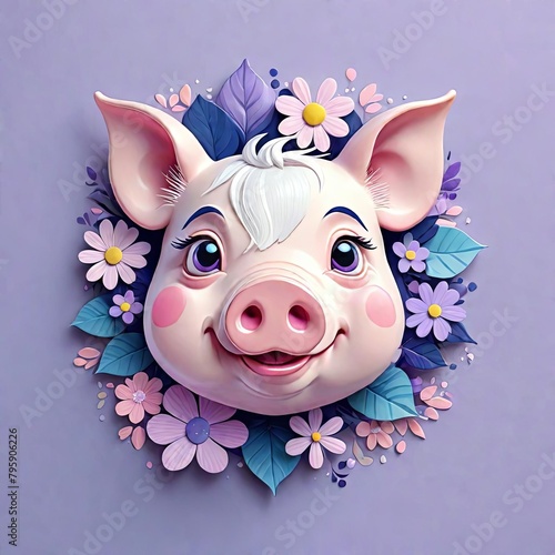 Pig head Year of the zodiac, pig face with flower 2d illustration, pig head purple background photo