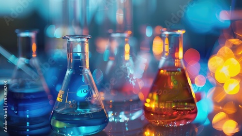 Laboratory flasks with colorful liquids on science background bokeh lights © Artyom