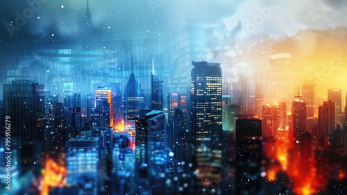 Futuristic cityscape with glowing lights under blue twilight sky