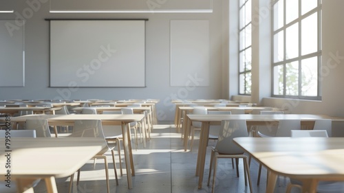 Sunlit classroom with empty desks and whiteboards photo