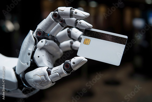 Robotic hand with a blank credit card on a dark background, indoors