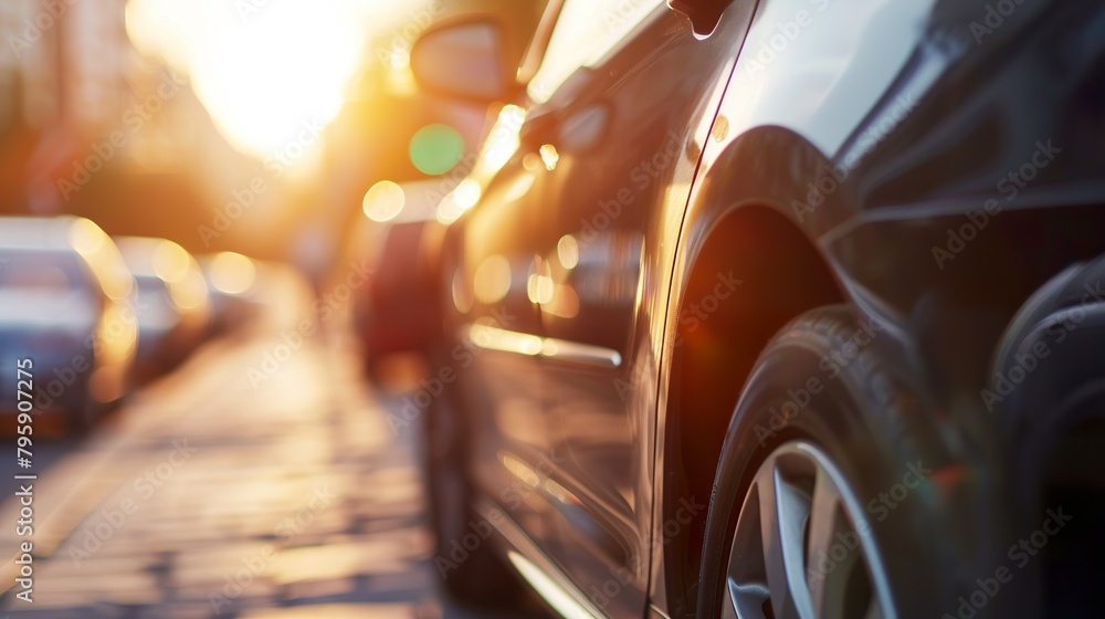 Car moving in soft sunlight in side view in scene of tranquil beauty and graceful movement. A luxury sports car glides smoothly through city traffic at dusk in a side view. Car moving in soft sunlight in side view in scene of tranquil beauty and graceful movement. A luxury sports car glides smoothly through city traffic at dusk in a side view.