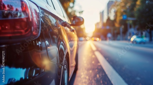 Car moving in soft sunlight in side view in scene of tranquil beauty and graceful movement. A luxury sports car glides smoothly through city traffic at dusk in a side view.