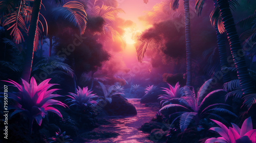 Sunset on the beach with neon color style look, Illustration. 