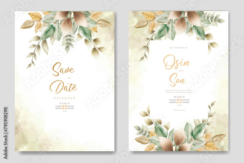 wedding invitation card template set with watercolor leaves decoration  #795908298