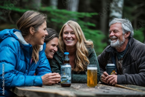 Group of friends drinking beer and having fun in the forest. They are smiling.