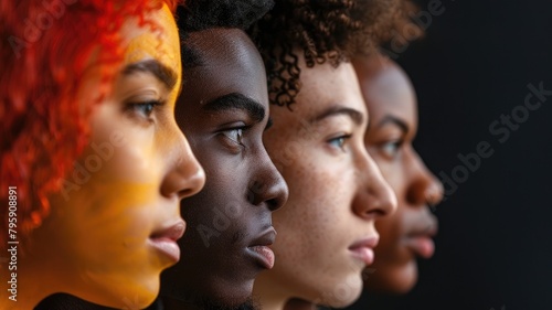 Side profile of four diverse individuals in row, with colorful lighting on one © Artyom