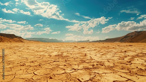 Expansive sunlit arid landscape with cracked ground under bright blue sky clouds