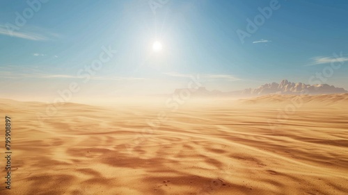 Golden desert dunes under bright sun with clear skies