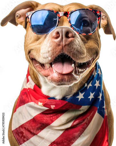 American Pitbull headshot wearing sunglasses and USA flag kerchief posing over isolated white transparent background © LorenaPh