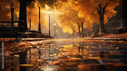 Masterpiece best,quality rain,style sunlight,light puddle ,beautiful,lighting blowing reflection autumn
