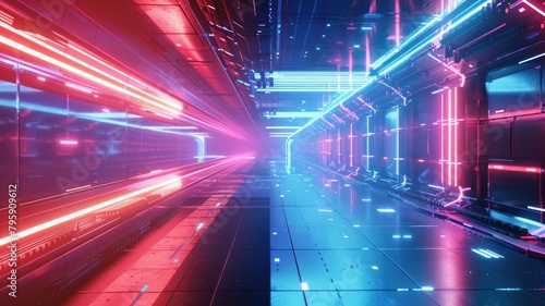 Futuristic corridor with neon lights reflecting off polished surfaces