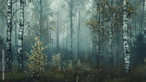 Misty forest with birch trees and undergrowth