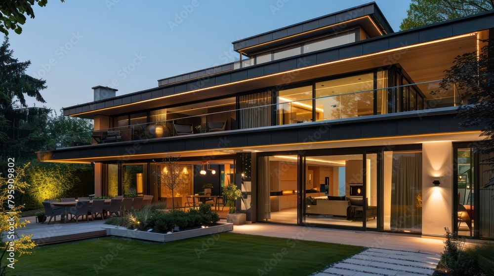 Modern house with outdoor and indoor lighting at night Modern house with outdoor and indoor lighting at night