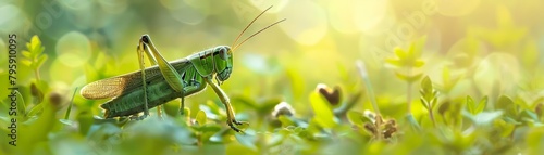 A curious grasshopper leaps into the air, its green body blending with the lush meadow, kawaii, bright water color