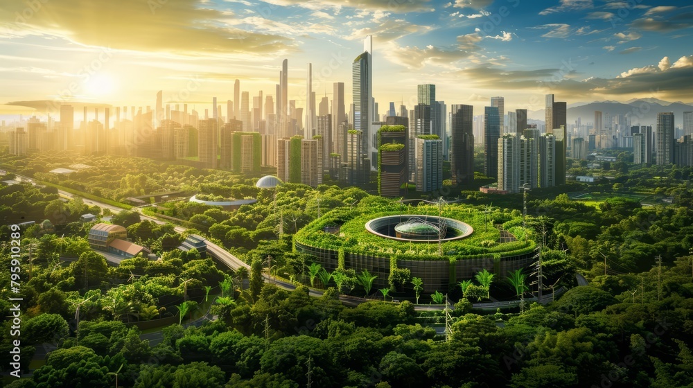 A futuristic cityscape filled with green spaces and renewable energy ...