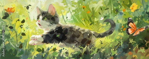 A delightful scene unfolds as a kawaii cartoon kitten chases a fluttering butterfly across a sunlit garden, depicted in vibrant, exaggerated watercolor strokes photo