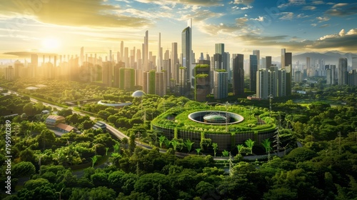 A futuristic cityscape filled with green spaces and renewable energy sources, illustrating how Agile practices can lead to innovative solutions for building sustainable communities