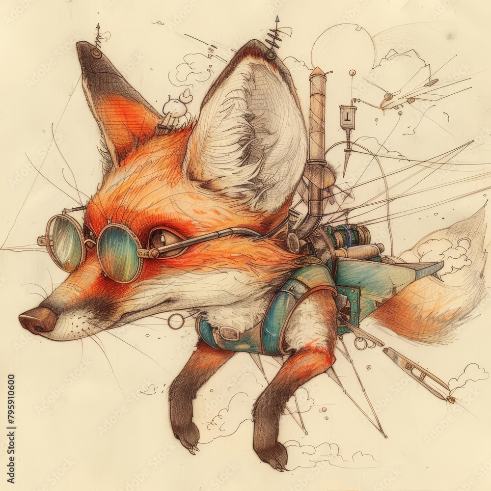 Fototapeta premium A pencildrawn fox wearing spectacles invents a whimsical flying machine, sketched in vivid colored pencil drawings