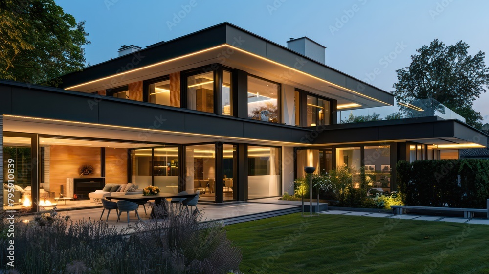 Modern house with outdoor and indoor lighting at night