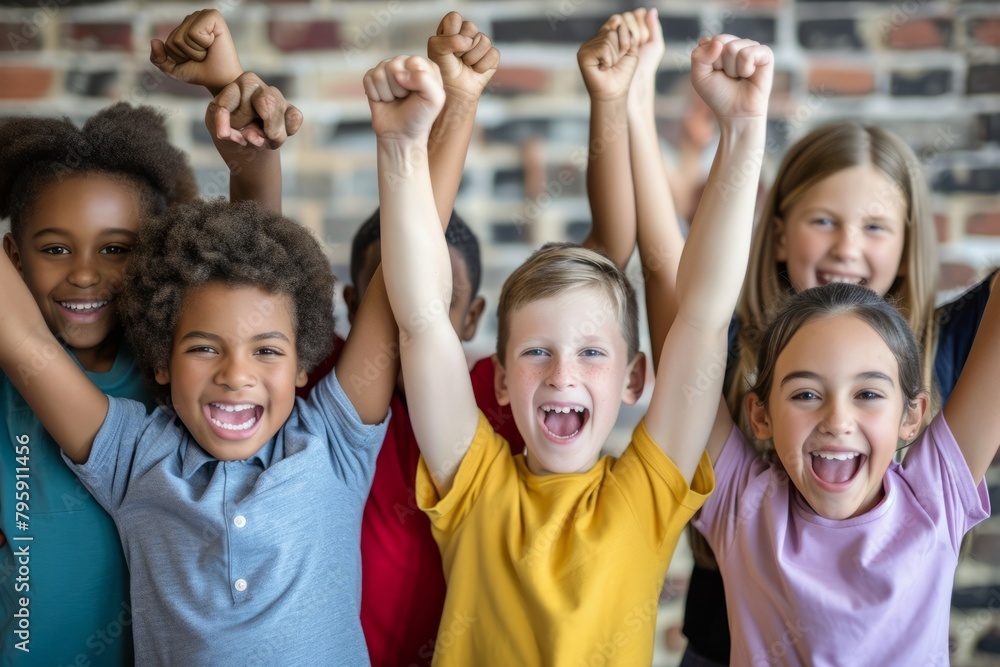 Portrait of happy group of children raising hands up in front of camera Portrait of happy group of children raising hands up in front of camera