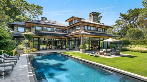 In the exclusive Hamptons, New York, a Mediterranean-inspired villa boasts a sprawling garden, private beach access, an outdoor pool, and a manicured lawn. © horizor