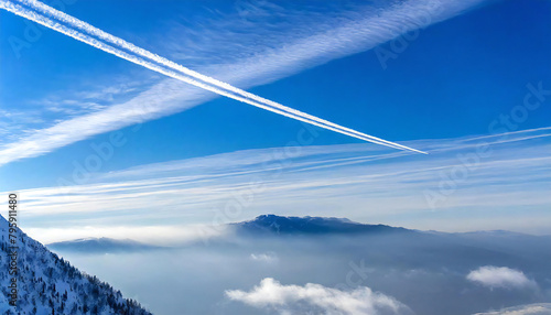 飛行機と飛行機雲。青空の背景。一筋の飛行機雲。Airplanes and contrails. Blue sky background. A single contrail. photo
