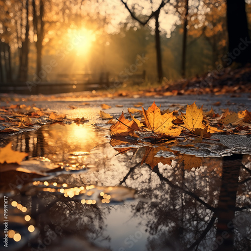 Masterpiece best quality rain style sunlight light puddle  beautiful lighting blowing reflection autumn