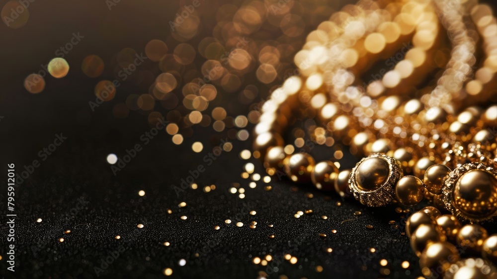 Elegant gold jewelry with sparkling bokeh on dark background Elegant gold jewelry with sparkling bokeh on dark background