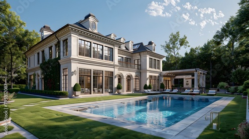 In the exclusive Hamptons  New York  a Mediterranean-inspired villa boasts a sprawling garden  private beach access  an outdoor pool  and a manicured lawn.