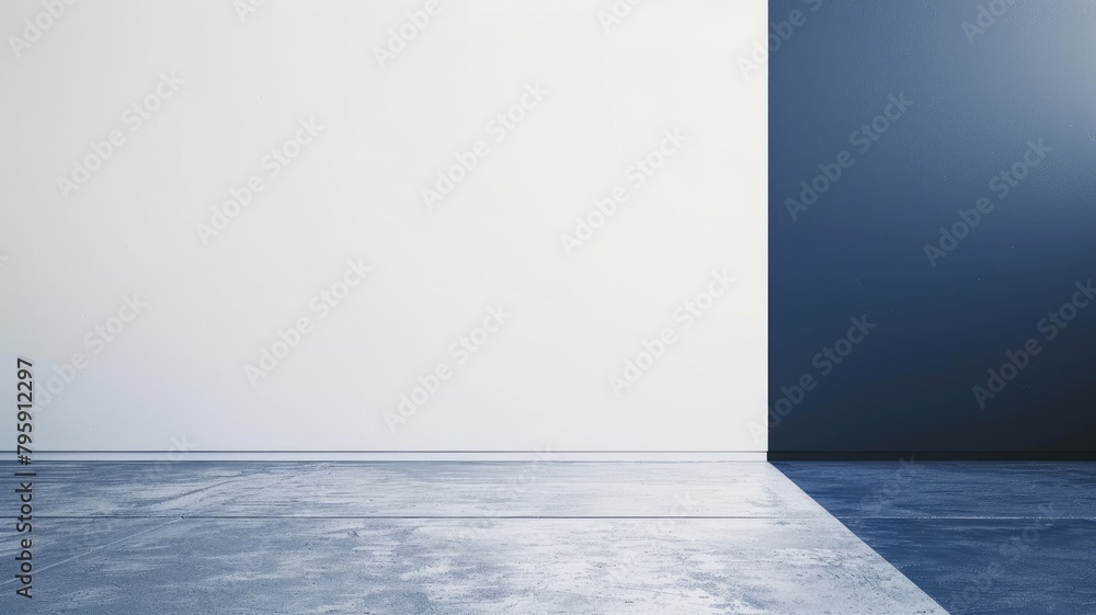 Empty room with glossy floor, half white and blue wall