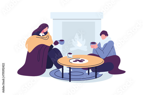 man and woman warming herself in front of the fireplace with a cup of coffee flat style illustration vector design