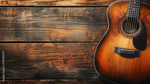 Acoustic guitar on rustic wooden background photo