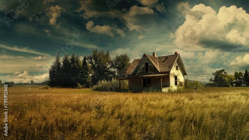 Abandoned house in field with cloudy sky