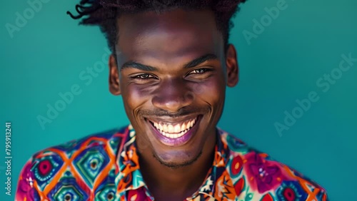 A closeup shot of a black man with a bold multicolored patterned shirt and a sleek highcontrast hairstyle. His face is lit up in a playful smile reflecting the joy and energy that . photo
