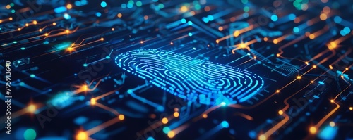 Create an artistic representation of a secure online connection for a futuristic ERP system, emphasizing fingerprint authentication