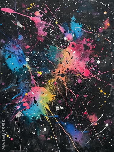Abstract colorful paint splashes on black - A dynamic abstract painting featuring a myriad of vibrant paint splashes against a dark backdrop