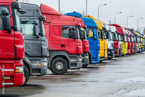 Row of colorful trucks parked in symmetry - A symmetrical lineup of diverse colored trucks parked, offering a glimpse into logistics and transport industry