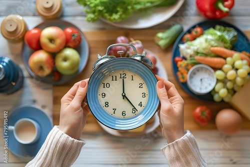 A woman is holding a clock on the plate for the intermediate fasting time to eat The clock is placed on a table with a variety of fruits and vegetables, including apples, grapes, and carrots