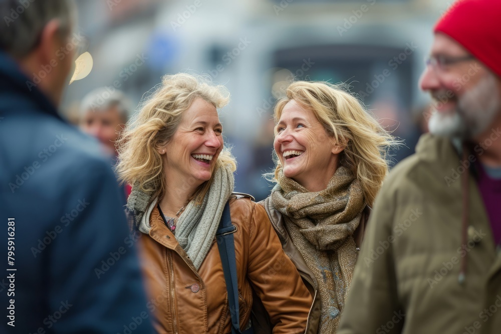 Mature women laughing and walking in the street at the city center Mature women laughing and walking in the street at the city center
